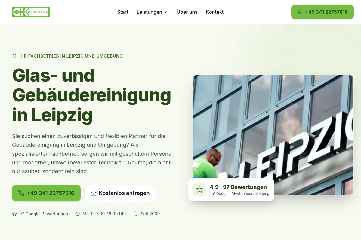Webseite von DK-Gebäudereinigung mit Leistungen und Fensterreinigung